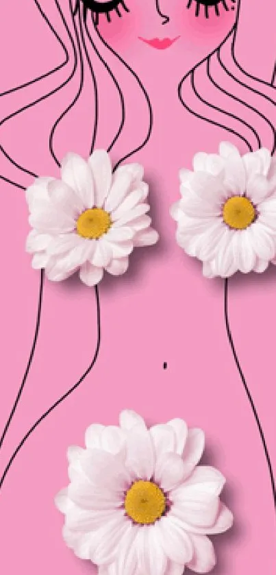 Whimsical pink wallpaper with minimal floral art.