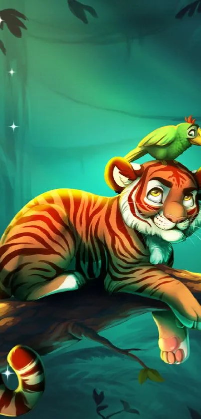 Illustrated tiger cub with parrot on a tree branch in a vibrant forest scene.