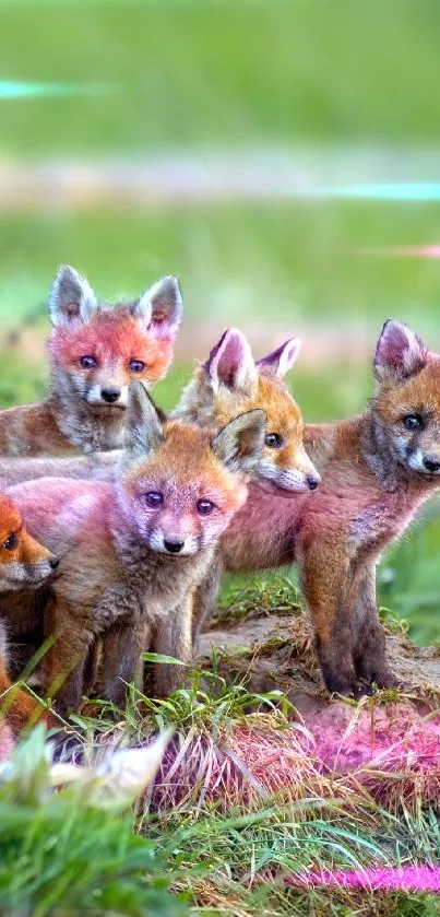 Cute fox cubs group in nature.