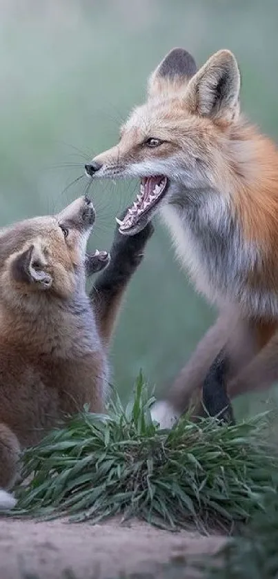 Two playful foxes interacting in the wild, surrounded by grass and sunlight.