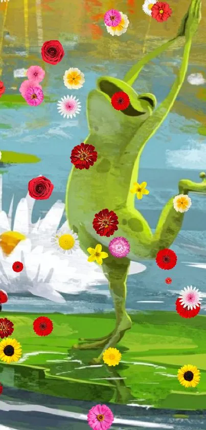 Artistic frog doing yoga on a lily pad in a colorful pond scene.