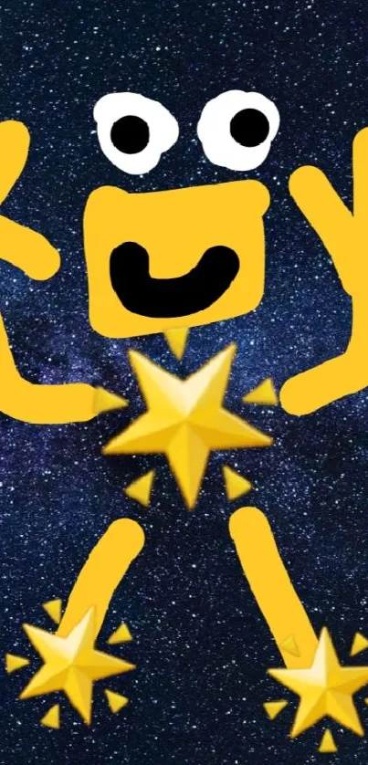 Yellow cartoon character in starry blue galaxy background.