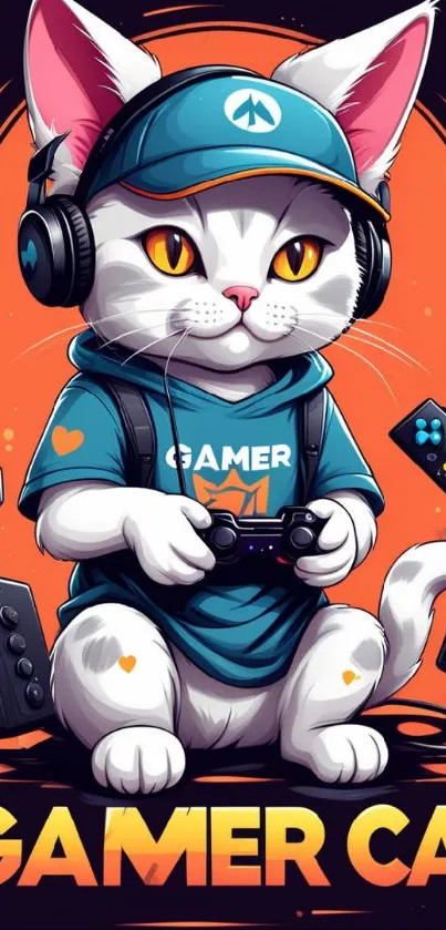 Playful cartoon gamer cat with headphones and controllers.