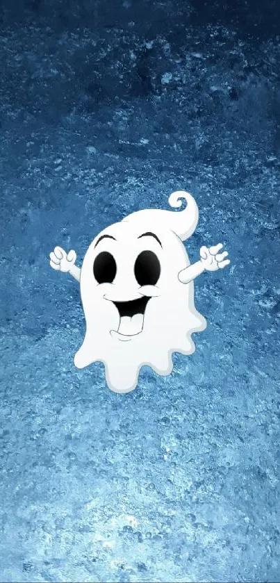 Cute cartoon ghost on textured blue mobile wallpaper.