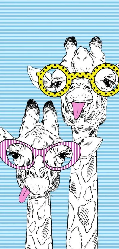 Playful giraffes wearing glasses on a striped blue background.