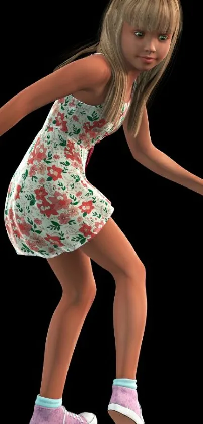 3D girl in floral dress on black background.