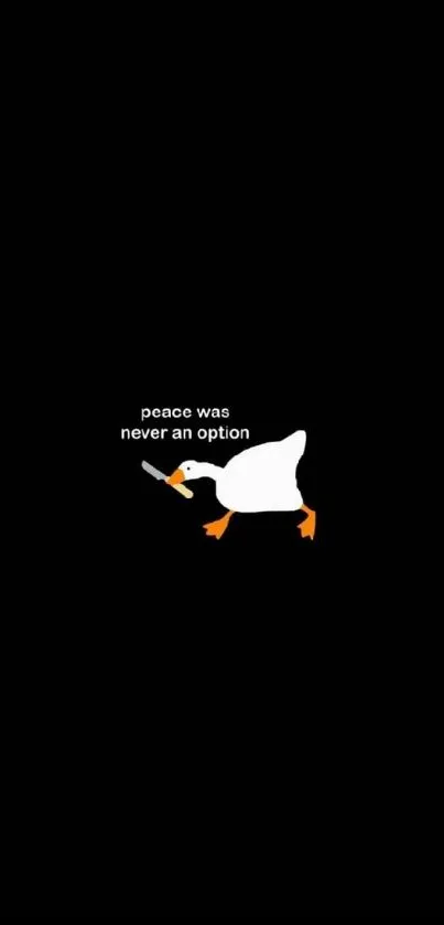 Funny goose with dagger on black wallpaper.