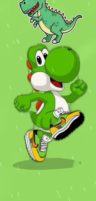 Playful green dinosaur with sneakers on a bright background.