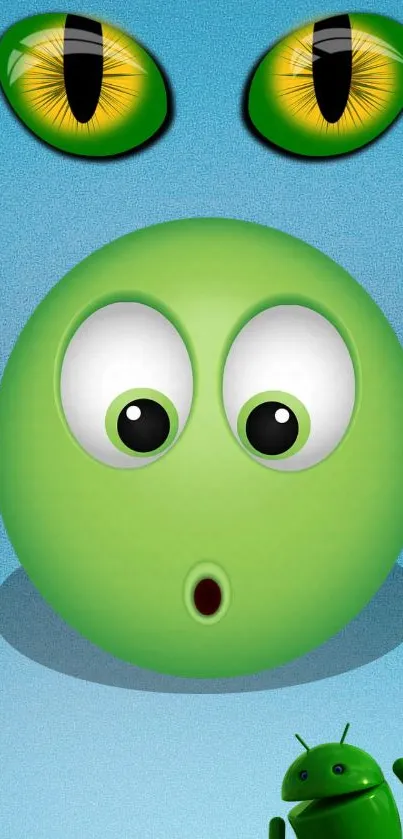 Playful green emoji with big eyes on a colorful background.