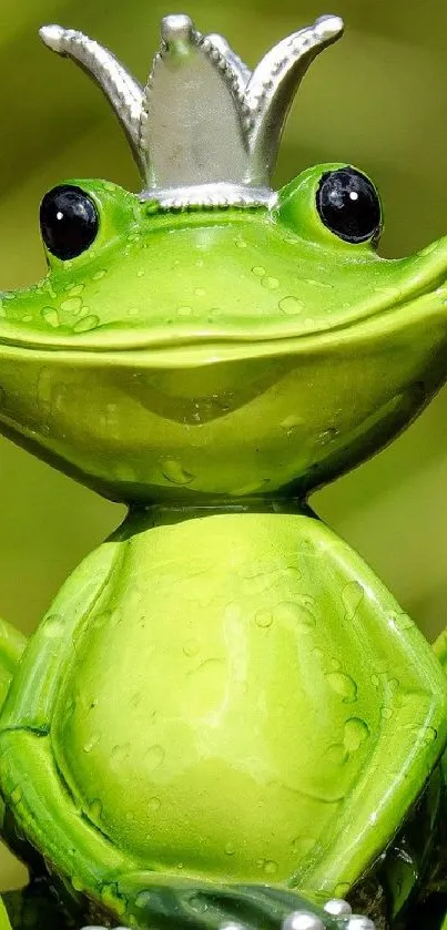 A whimsical frog prince with a silver crown on a vibrant green backdrop.