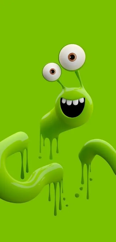 Smiling green slime monster with a playful expression on a vibrant lime background.