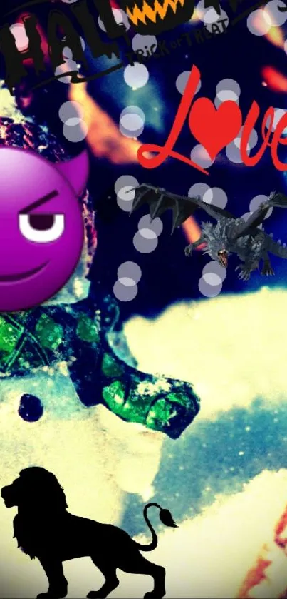 A Halloween-themed wallpaper with emojis, love text, and artistic symbols.
