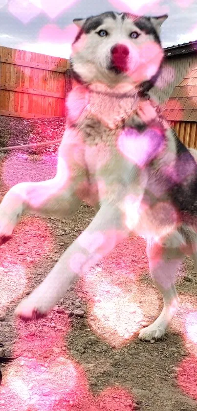 Playful Husky with heart bokeh effect.