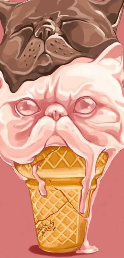 Cute pug faces on melting ice cream cone illustration.