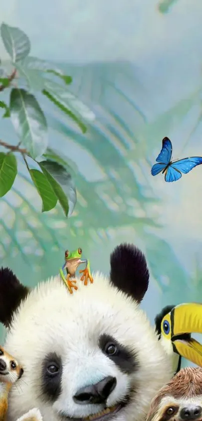 Playful jungle wallpaper with panda, toucan, and butterflies in a tropical scene.