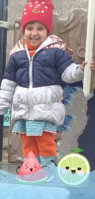 Child smiling in winter clothes with cartoon fruits.