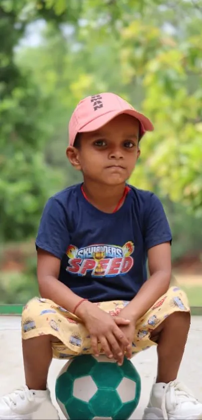 Child in a blue shirt and pink cap with a soccer ball outdoors.