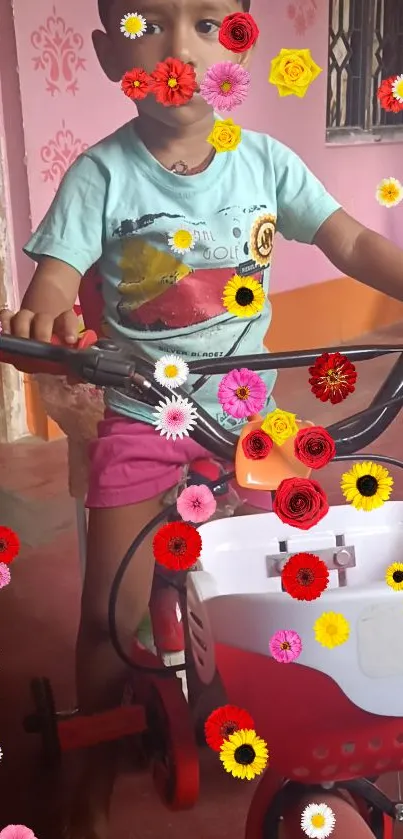 Child on a bicycle with colorful flower overlays, creating a playful wallpaper.