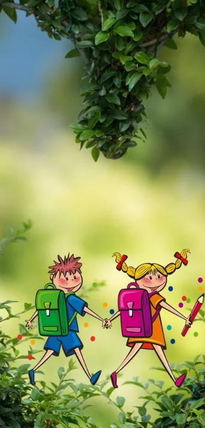 Cartoon kids with backpacks against a green leafy background.