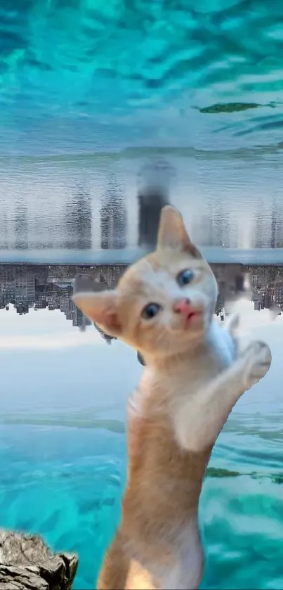 Playful kitten near turquoise waters with city view.