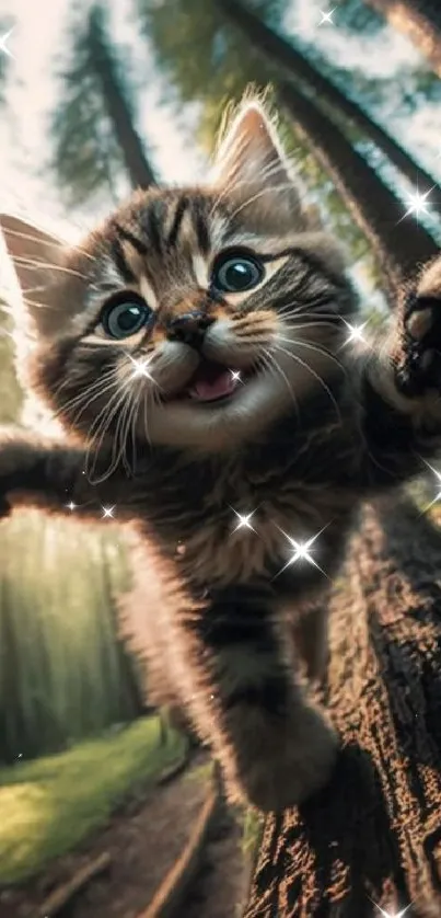 Playful kitten jumping in a sunlit forest, capturing joyous adventure.