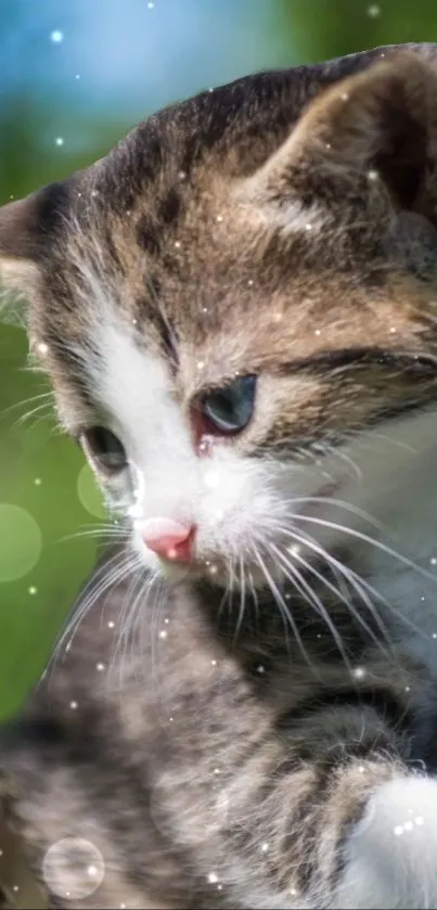 Adorable kitten amidst green leaves with sparkles.