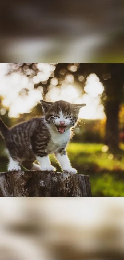 Adorable kitten on a tree stump in a sunlit nature setting.