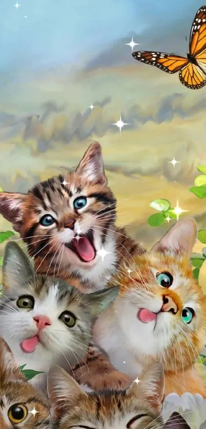 Cheerful kittens and butterfly with flowers in vibrant mobile wallpaper.