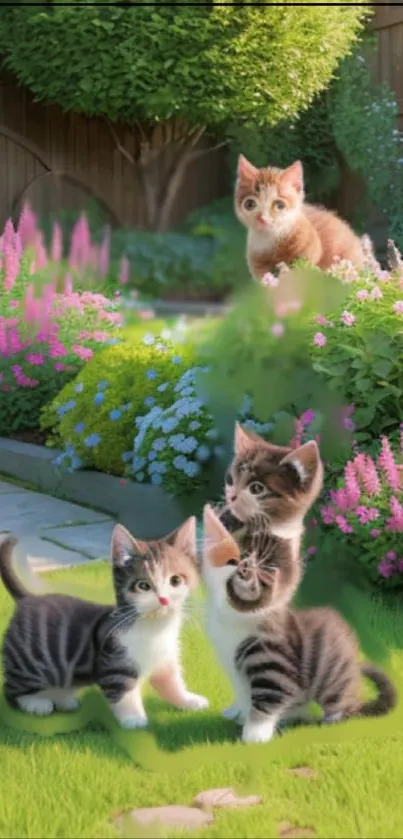 Playful kittens in a vibrant flower-filled garden.