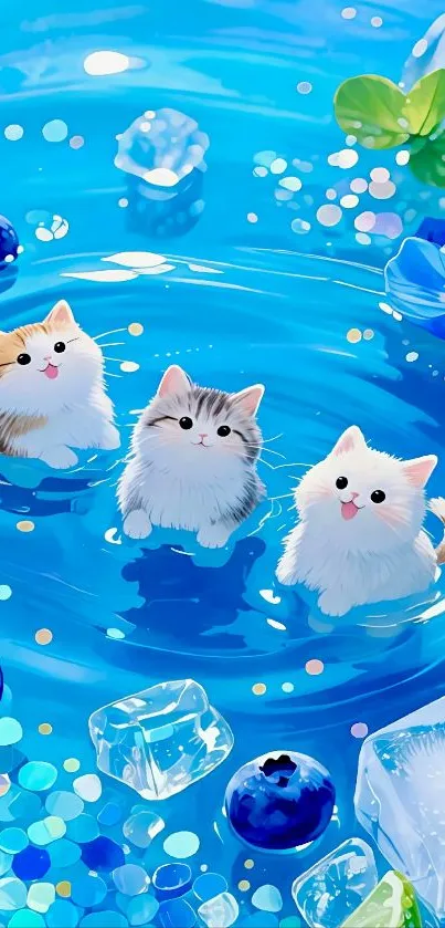 Adorable kittens swimming in blue water with ice cubes.