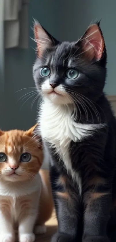 Two cute kittens with bright eyes sitting together.