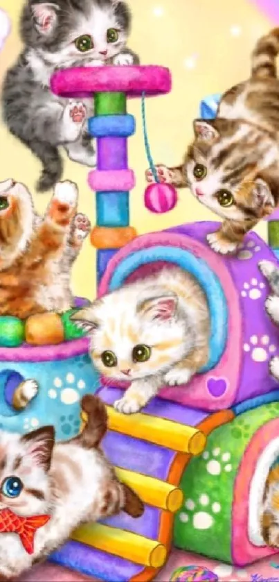 Playful kittens on a colorful playground in a mobile wallpaper.