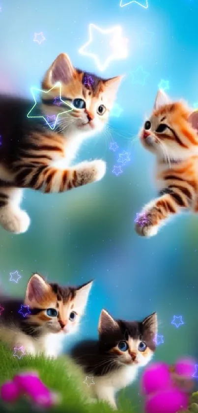 Four playful kittens frolicking in vibrant scenery.