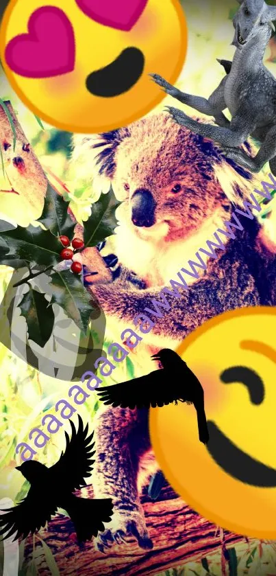 Koala with emojis and fantasy creatures, vibrant mobile wallpaper.