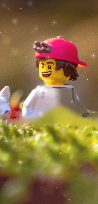 LEGO figure with red cap among greenery in whimsical setting.