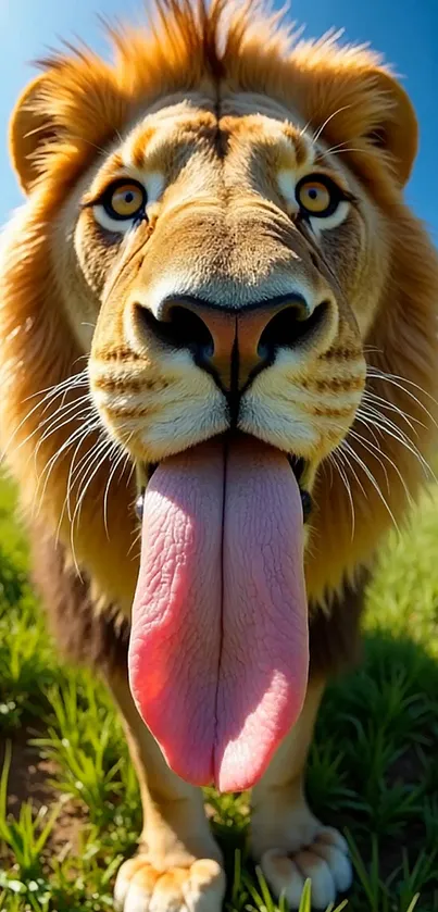 Close-up of a playful lion in a grassy field.