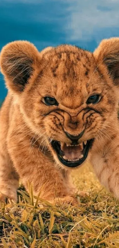 Playful lion cub in grass, showing vibrant wildlife scene.