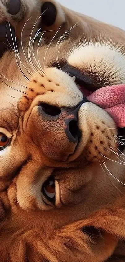 Playful lion with tongue out close-up.