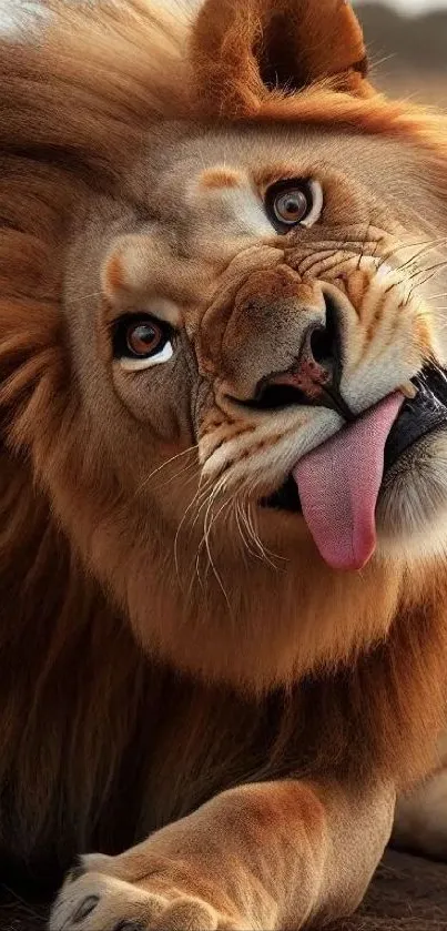 Playful lion with tongue out in a captivating mobile wallpaper.