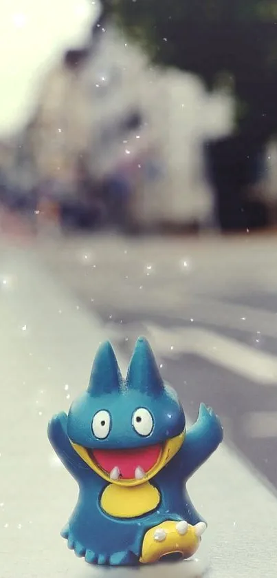 Cute blue cartoon character on a city street background.