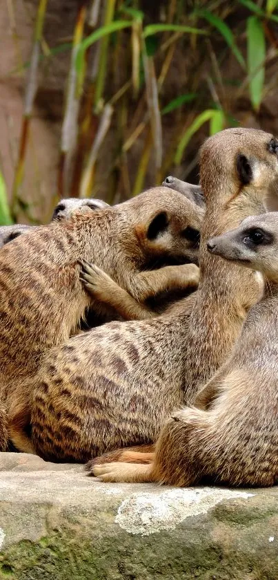 A group of meerkats huddling on a rock with lush green plants.