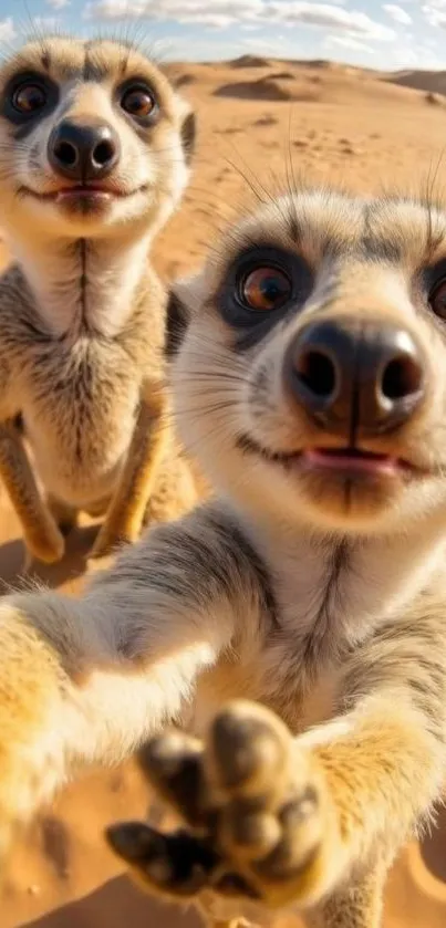 Two playful meerkats close-up in a sunny desert setting.