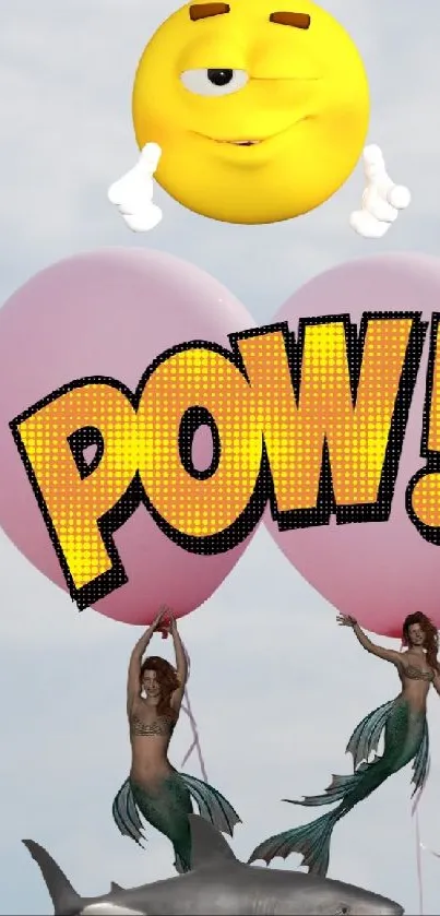 Mermaids with balloons and emoji in whimsical sky scene.