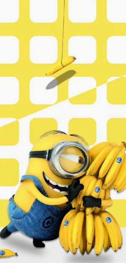 Minion hugging bananas on a yellow background.