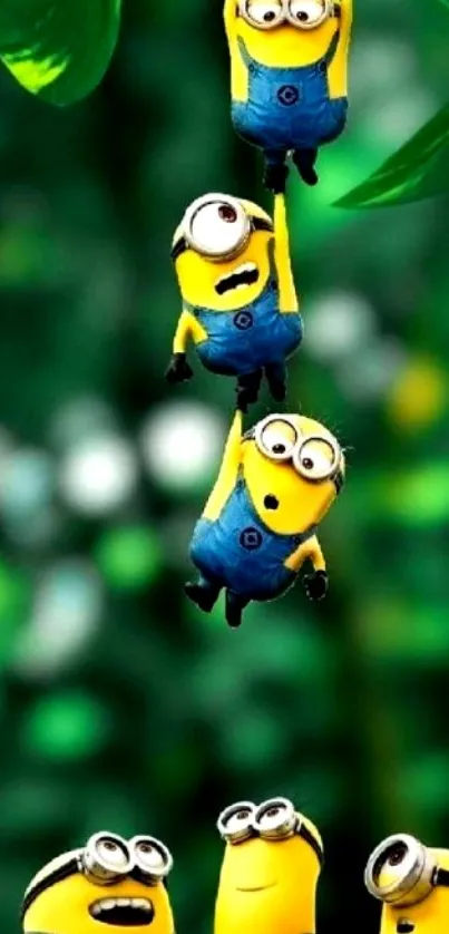 Colorful minions hanging playfully on a branch.