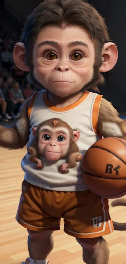 Cartoon monkey in basketball gear holding a ball on the court.