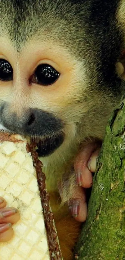 A monkey snacking on a wafer in the lush green forest.