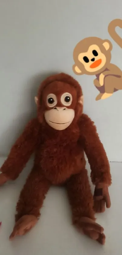 Adorable plush monkey with cartoon character on light background.