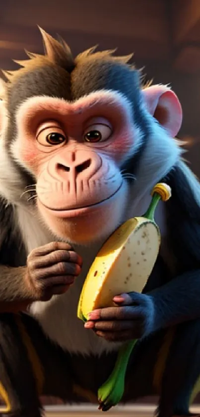 Playful monkey holding a banana in a cozy room setting.