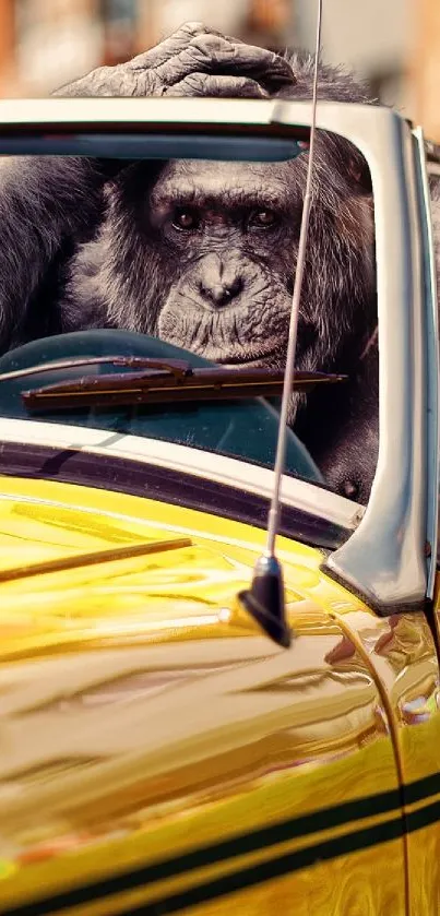 Monkeys driving a bright yellow car in a lively street scene.